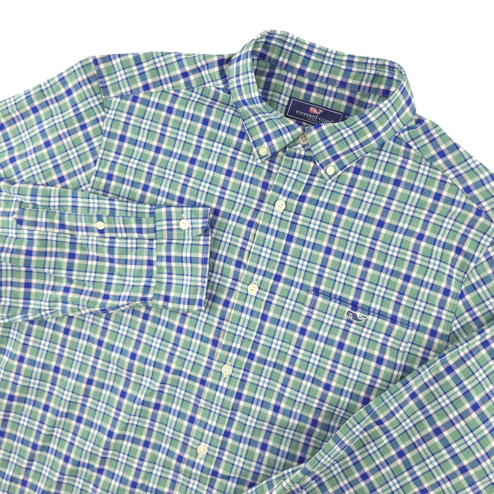 Vineyard Vines Whale Shirt Mens L Green Plaid Long Sleeve Button Down Twill